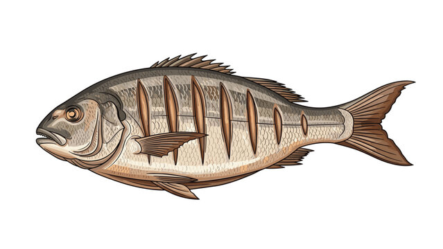 Detailed illustration of a whole cooked fish with grill marks and silver scales presented on a clean white background.