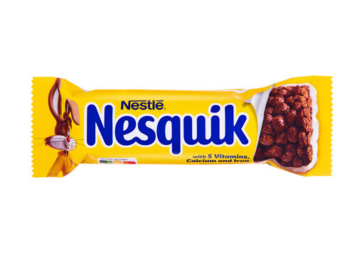 LONDON, UK - JANUARY 17, 2024: Nesquik breakfast cereal bar with vitamins and calcium on white background.