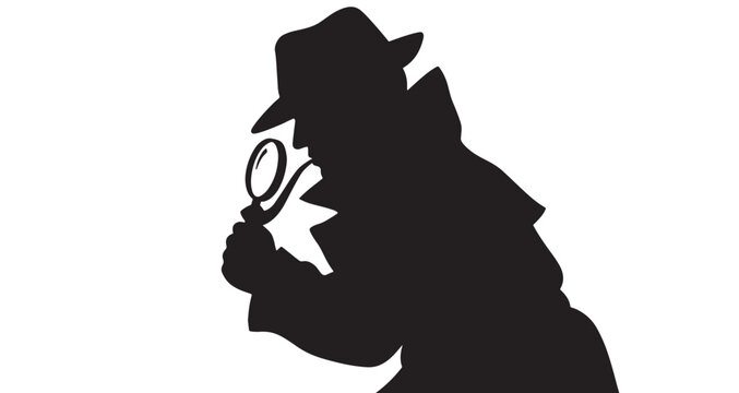 Detective Silhouette vector graphic illustration featuring a mysterious detective silhouette, wearing a fedora hat and trench coat, intently examining clues with a magnifying glass.