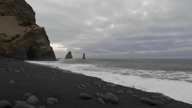 Reynisfjara Beach near ViK in Iceland after strong winter storms and collapse of Basalt columns.