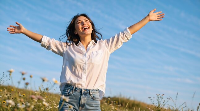 Happy young woman with arms outstretched standing in a sunny daisy field. Carefree female enjoying nature and freedom under a blue sky