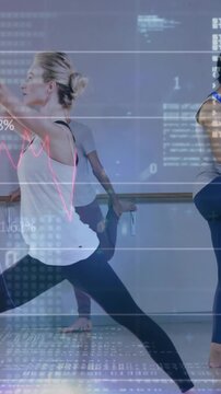 Vertical video: Yoga cue, woman flowing lunge to overhead, HUD showing metrics for alignment