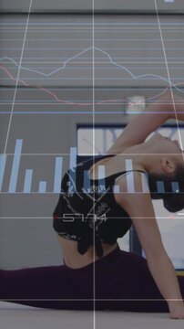 Vertical video: Teen dancer lifting from split into backbend, charts tracking posture for education