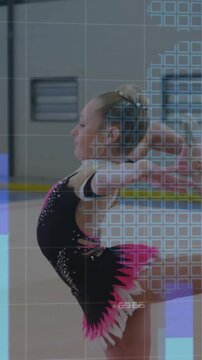 Kid gymnast shifting weight, doing needle balance on sports floor, faint grids over body rising