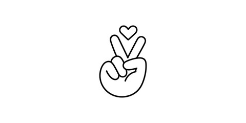 Obraz premium A simple line art illustration of a hand making a peace sign gesture with a small heart above it. Vector, illustration