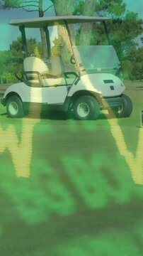 Vertical video: Cart sitting center, golf ball rolling from right across grass, HUD tracking data