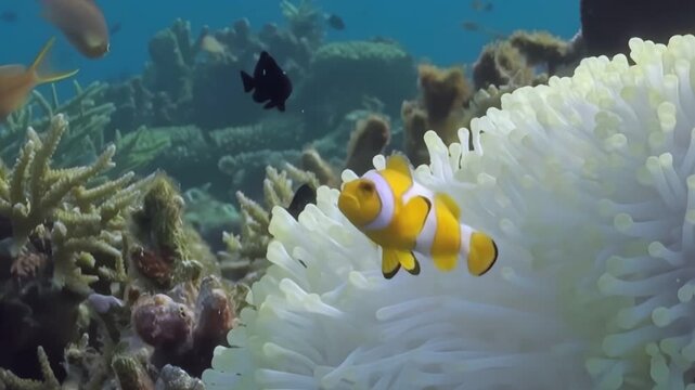 Observe vibrant Clownfish gracefully swimming around a white Anemone, their unique home in the Coral Reef. Other colorful fish also swim nearby.