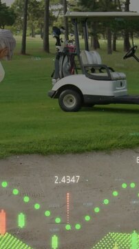 Vertical video: Senior golfer addressing bunker ball swinging club landing shot, AR syncing path
