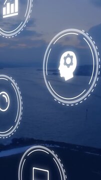 Vertical video: HUD icons sliding over dusk sea UI starting centering search and book for education