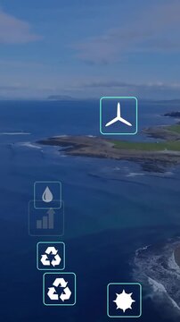 Vertical video: On start turquoise icons appearing, drifting, stacking to show coastal CO2 finance