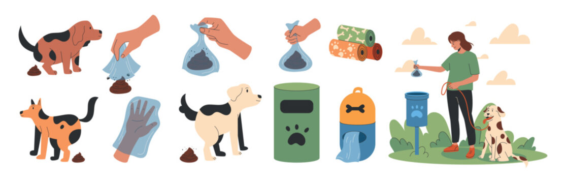 Bag for dog poop. Hand for cleaning. Animal on street. Clean environment park. Pet puppy. Plastic for pick up after walk. Trash on grass. Sanitary hygiene vector garish cartoon flat style isolated set