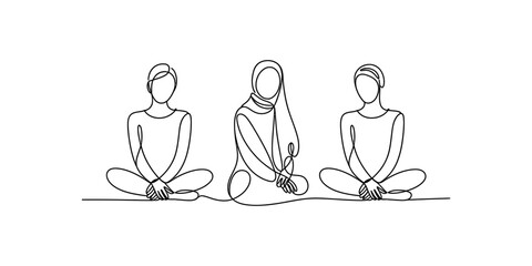 Continuous line art illustration showing three diverse people sitting together in a row Vector, illustration © Pabon Art Gallery