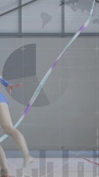 Vertical video: Gymnast stepping, performing ribbon leaps for sports routine while charts overlay