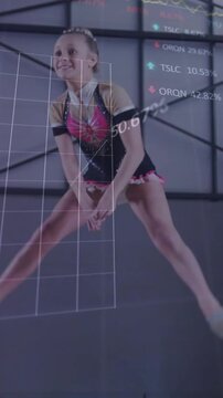 Vertical video: Gymnast knee bend arm swing starting split leap landing in routine data HUD passing