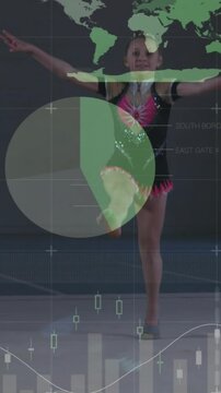 Vertical video: Gymnast stepping forward and balancing for sports while charts pulsing on torso