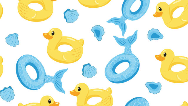 Fun summer pattern with yellow rubber duck and blue mermaid tail inflatable pool floats along with shells on a white background.