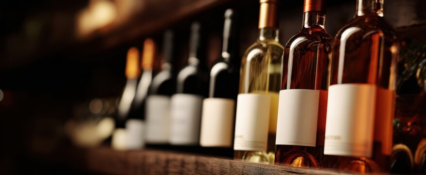 The wine bottles lined up on a rustic wooden bar shelf in warm lighting