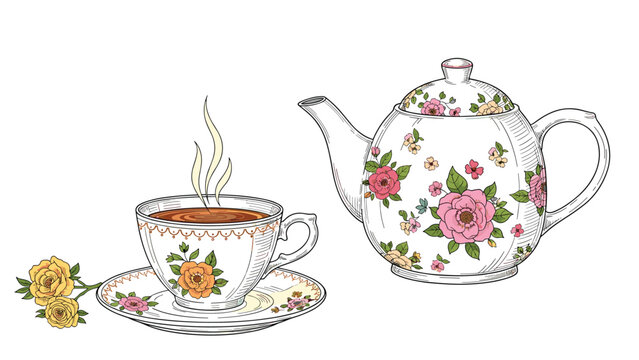 Elegant teapot and matching teacup with pink and yellow rose patterns accompanied by a single flower for a classic tea time setting.