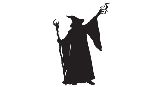 Fantasy Magic Wizard Silhouette Powerful black silhouette vector graphic illustration of a classic fantasy wizard casting dark magic with a gnarled staff and flowing robes.