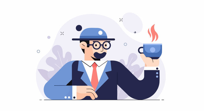Gentleman in a hat and suit enjoys a steaming cup of coffee