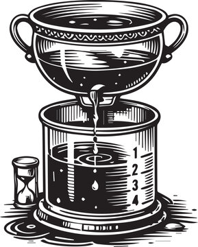 Ancient Water Clock Clepsydra Engraving Style Vector Illustration Black and White Time Measurement Device