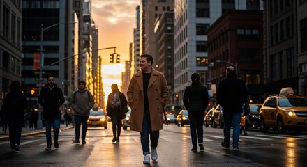 Obraz premium Man walking on city street with skyscrapers at sunset