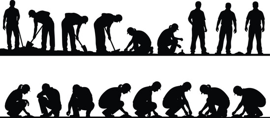 Silhouette set of construction workers digging ground with shovels and tools, excavation labor process sequence isolated, manual work stages, industry workforce activity illustration © Arifa