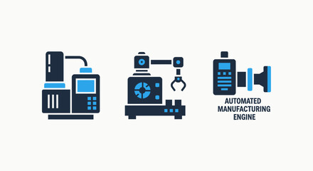 Industrial automation icons for manufacturing, robotics, and engine technology, supply chain