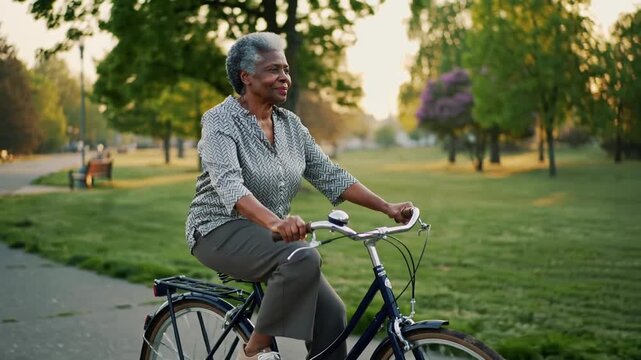 Elderly woman riding bicycle in park - black senior female cycling along sunny green path enjoying active retirement outdoor fitness lifestyle - healthy aging concept