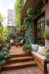 Fototapeta premium Outdoor patio with wooden deck and green plants creating a relaxing space