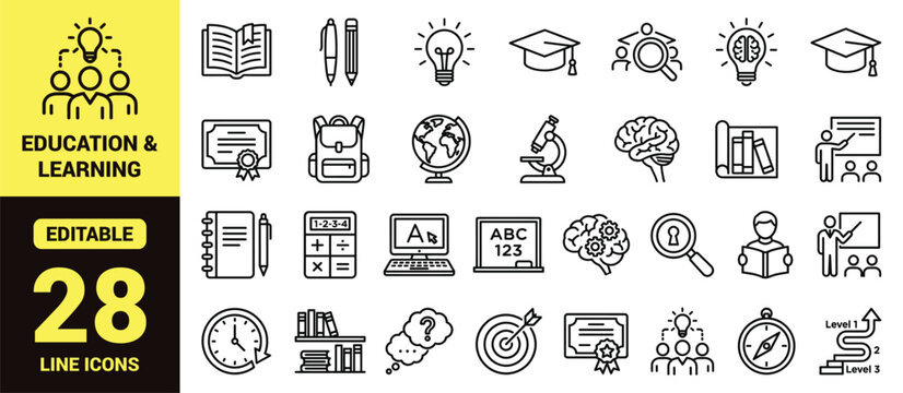 Education and learning icon set with academic tools, research, studying, creativity, science, achievement, teaching, and high‑ranking classroom elements in clean modern line‑art vector style