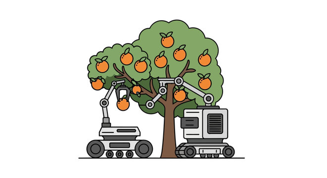 Robotic orange picking machine harvests fruit.