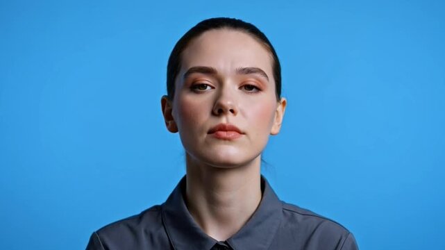 Woman portrait thinking questioning expression on blue background