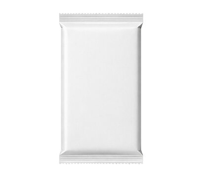 Blank white chocolate bar or snack flow pack packaging mockup isolated on black background. Clean wrapper template for confectionery branding or product label design.