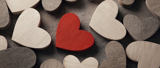 Fototapeta premium The Red Heart Among Wooden Hearts Creates Contrast and Warmth in Rustic Composition