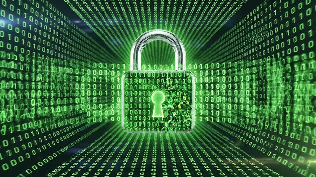 A shiny, silver and green padlock hovers in front of a digital matrix of glowing green zeros and ones, symbolizing internet security and encryption.