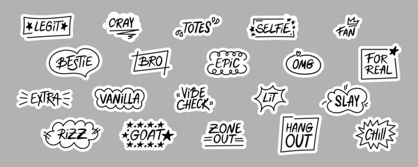 A collection of slang words vector stickers, hand-drawn with lettering and doodles. Modern short phrases, Gen Z buzzwords, catchphrases © Liia Lonn