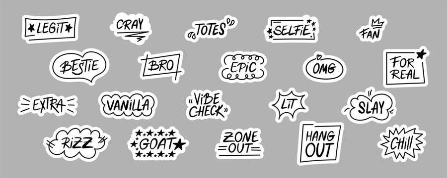 A collection of slang words vector stickers, hand-drawn with lettering and doodles. Modern short phrases, Gen Z buzzwords, catchphrases