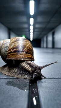 Slow-moving giant snail crawls on urban floor. Unique perspective captures beauty in vertical space. Tranquil atmosphere highlights nature in modern environment.