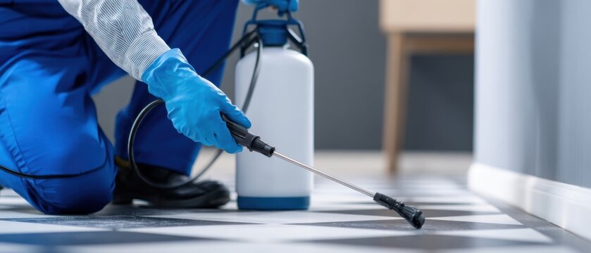 The pest control technician spraying pesticide indoors to disinfect and protect residential flooring