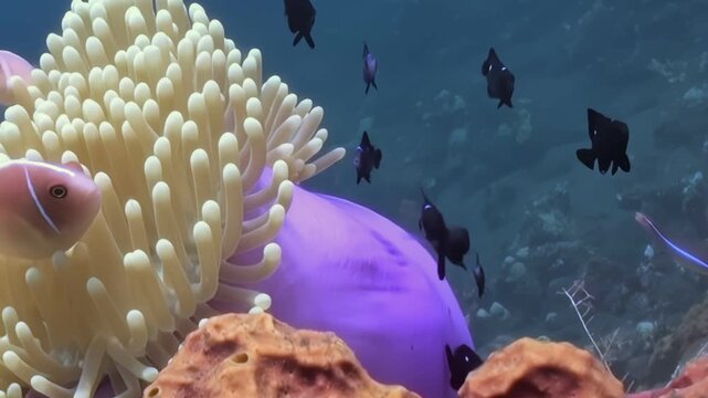 A pink Clownfish is nestled amidst a pale yellow anemone with a purple base. Several black Damselfish swim around the coral reef habitat near the anemone, creating a vibrant aquatic tableau.