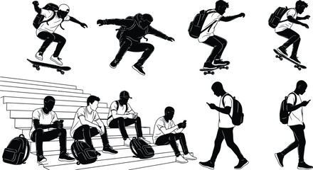 Teenagers lifestyle silhouette set with skateboard tricks and students using smartphones, youth urban culture modern social life vector illustration © jamiul
