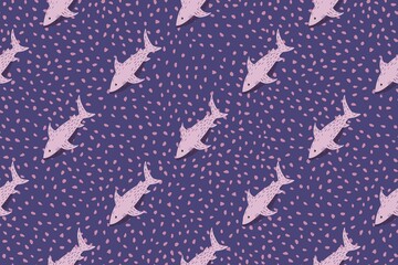 Fototapeta premium Seamless Pattern of Hand Drawn Pink Sharks on Purple Speckled Background