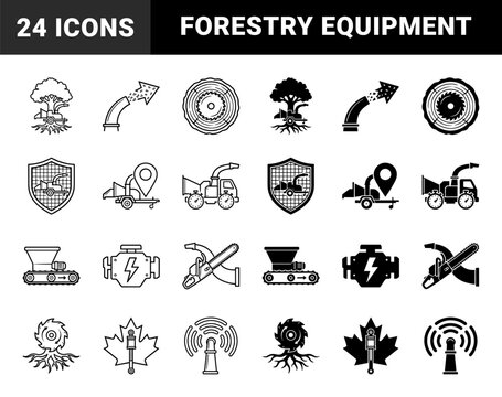 Arborist and Forestry Equipment Icon Set Featuring Wood Chipper Machinery Stump Grinder Chainsaw and Safety Gear in Outline and Glyph Style