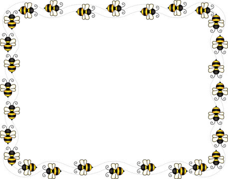 Cute bees border frame on white background page border