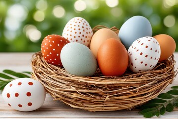 Obraz premium Colorful Easter eggs in a bird's nest on a wooden table for spring decoration