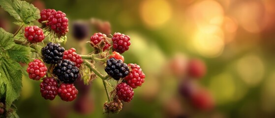 Fototapeta premium The Blackberry Branch Heavy with Ripening Fruit Against a Soft Bokeh Background