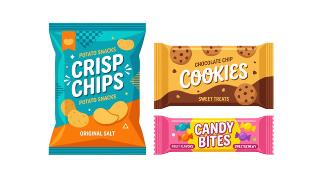 Assorted snack packaging on white background.