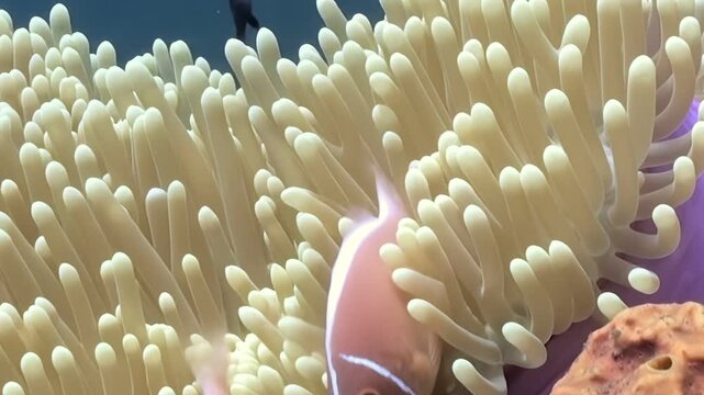 Two bright Pink Anemonefish playfully dart through their anemone home. The anemone's tentacles sway softly in the current, creating a mesmerizing underwater garden.