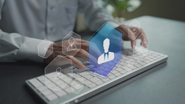 Human resource management system concept. Person typing keyboard with HR and employee management icons, workforce management, recruitment process and organizational development.